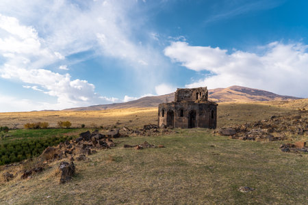 Old dilapidated temple. mountain in the backgroundの写真素材