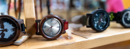 Men's wooden watch on display