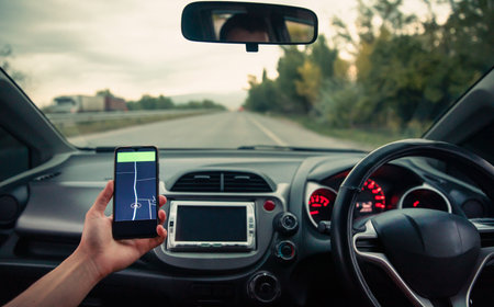 Holds a phone with a navigator in his hand in the car