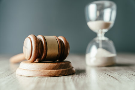 Judge's gavel and hourglass on the tableの写真素材