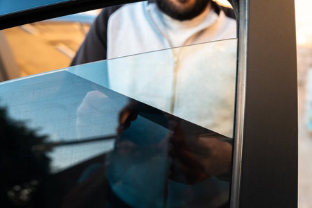 A man removes the tint from the side windows of a carの写真素材