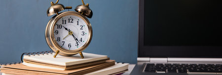 Laptop and clock on book with educational concept.
