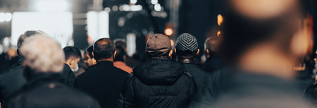 people in a demonstration or a concert in the cityの写真素材