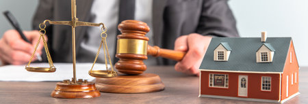 Law concept, Lawyer hands holding judge and house modelの写真素材