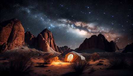 Tent in the mountains at night under the starry sky. Generative AIの素材