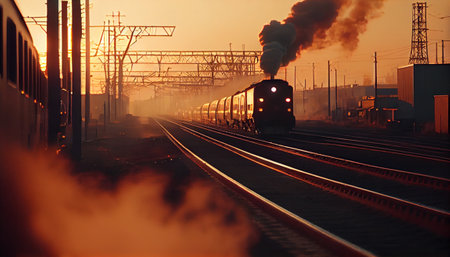 Steam trains at the station in the evening. Generative AIの素材