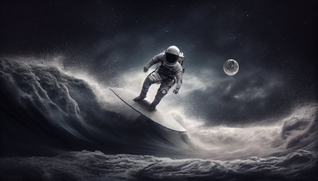 Astronaut surfer floats on the waves on the board. Generative AIの素材