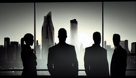 Silhouettes of businessmen stand against the background of skyscrapers, Ai generative illustrationの素材