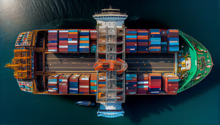 Cargo ship at sea, top view. Generative AI technologyの素材