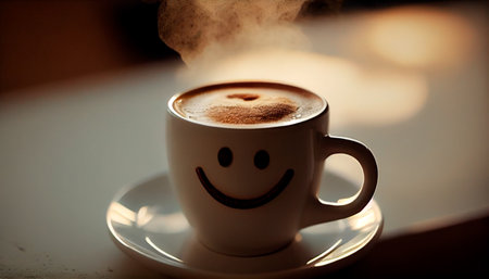A cup of hot coffee with a smiley face on the table. Generative AI illustrationの素材