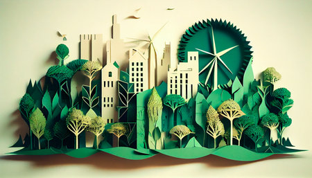 Green leaf image in the paper art style with trees, city building silhouettes, windmills, and solar panels. the conservation of ecology. Generative AI illustrationの素材