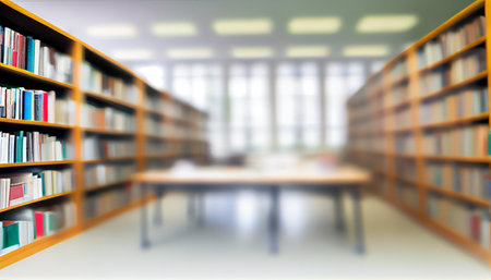 Abstract blurred empty college library interior space. Blurry classroom with bookshelves by defocused effect. Generative AI illustrationの素材