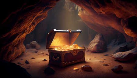 Large treasure chest in the cave. Generative AI Illustrationの素材