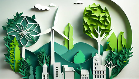 Green leaf image in the paper art style with trees, city building silhouettes, windmills, and solar panels. the conservation of ecology. Generative AI illustrationの素材