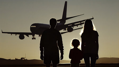 Family on the background of the plane. Generative AI illustratorの素材