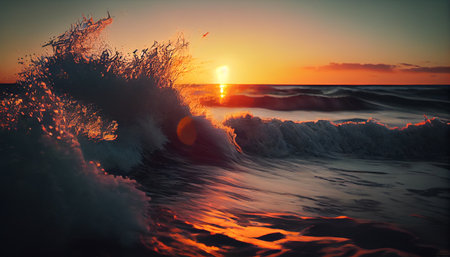 Wavy sea at sunset. Generative AI Illustrationの素材