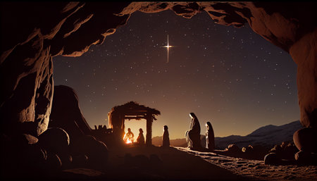 The birth of Christ in the barn at night. AI Generative Illustrationの素材