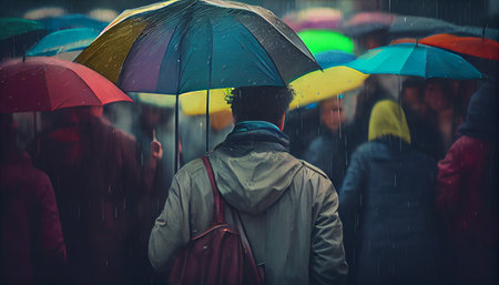 People walk around with umbrellas. AI Generative Illustrationの素材