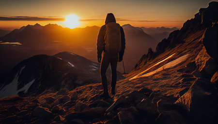 A traveler with a backpack walks in the mountains. Generative AI Illustrationの素材