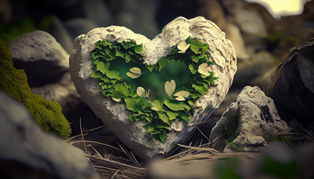 Stone heart in the moss forest. AI Generative Illustrationの素材