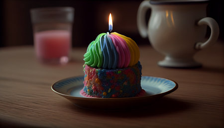 Small cake with a candle. AI Generative Illustrationの素材