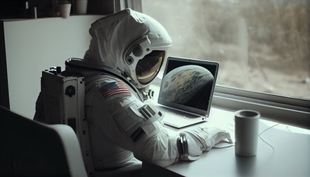 The astronaut is sitting in front of a laptop. Generative AI illustratorの素材