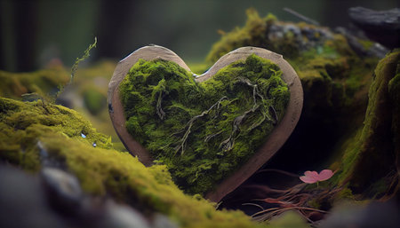Stone heart in the moss forest. AI Generative Illustrationの素材