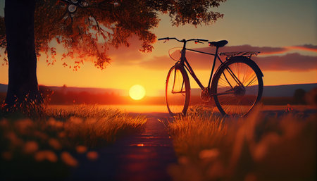 The bike stands on the field during sunset. Generative AI technologyの素材
