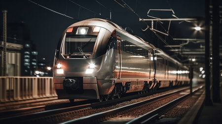 The train travels at night. Generative AI technologyの素材