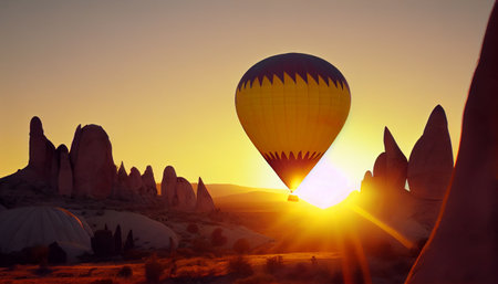 hot air balloon descends into the desert. AI Generative Illustrationの素材