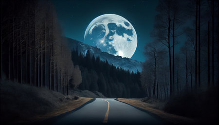 Asphalt road going through the forest at night. Generative AI technologyの素材