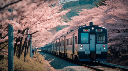 The train travels through the cherry blossom garden. Generative AI Illustrationの素材