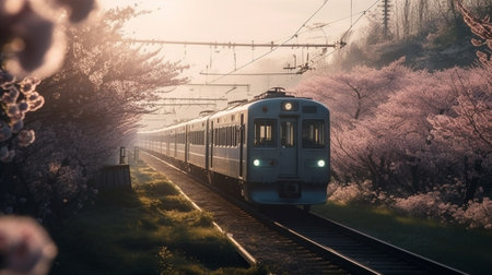 The train travels through the cherry blossom garden. Generative AI Illustrationの素材