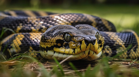 Rattlesnake looks into the lens. Generative AI technologyの素材