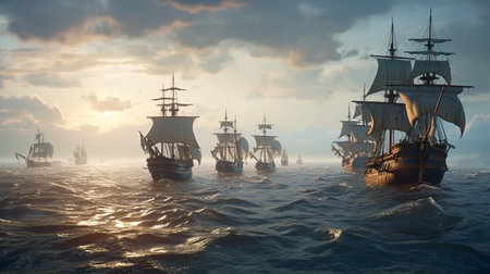 Sailing in the ships open sea. AI generative illustrationの素材