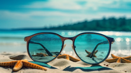 Sunglasses and starfish on the beach. Generative AI Illustrationの素材