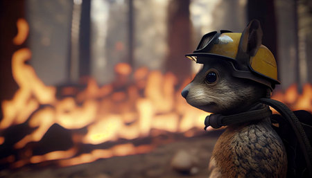 Little chipmunk firefighter in the forest. Generative AI Illustrationの素材