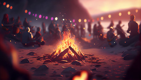 Bonfire on the beach and a group of people. Generative AI Illustrationの素材