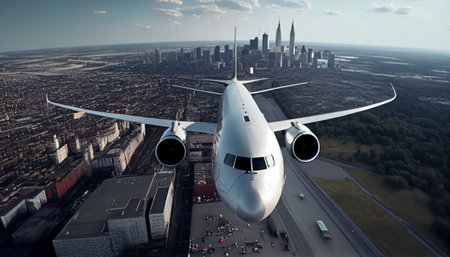 Airplane on the background of the city. Generative AI illustratorの素材