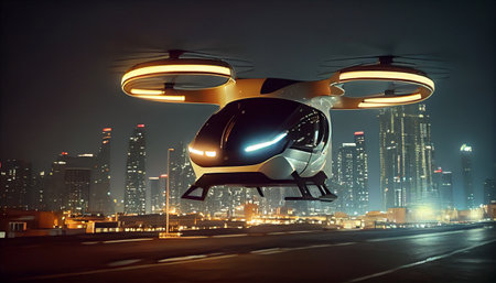 A futuristic helicopter makes a landing at night in the city. Generative AI illustrationの素材