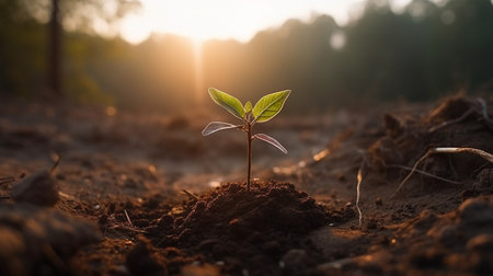 A small green sprout comes out of the ground. Generative AI technologyの素材