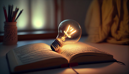 Light bulb on an open book. Generative AI illustratorの素材