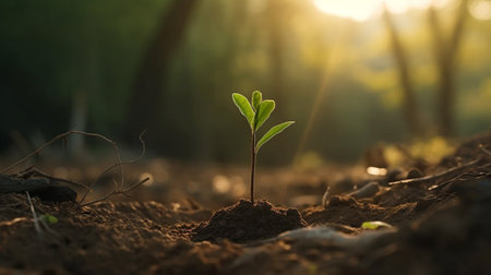 A small green sprout comes out of the ground. Generative AI technologyの素材