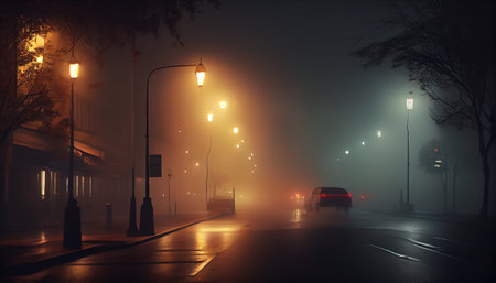 Town in the evening in the fog. Generative AI Illustrationの素材