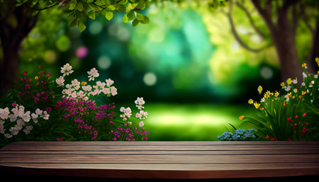 wooden board and garden background. Generative AI illustratorの素材