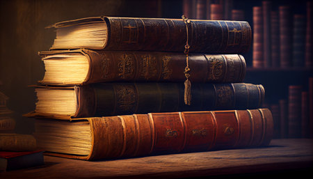 A stack of beautiful books on the table. Generative AI illustratorの素材