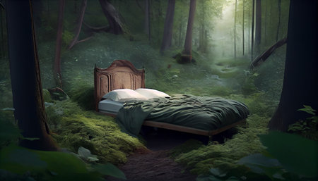 Double bed in the forest. Generative AI illustratorの素材