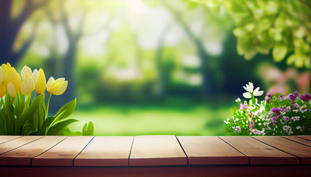 wooden board and garden background. Generative AI illustratorの素材