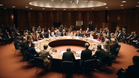 People are sitting at the round table. Generative AI Illustrationの素材
