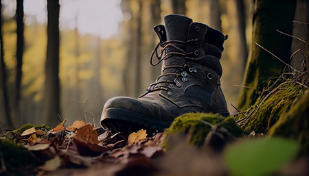Hiking boots in the forest. Generative AI illustratorの素材